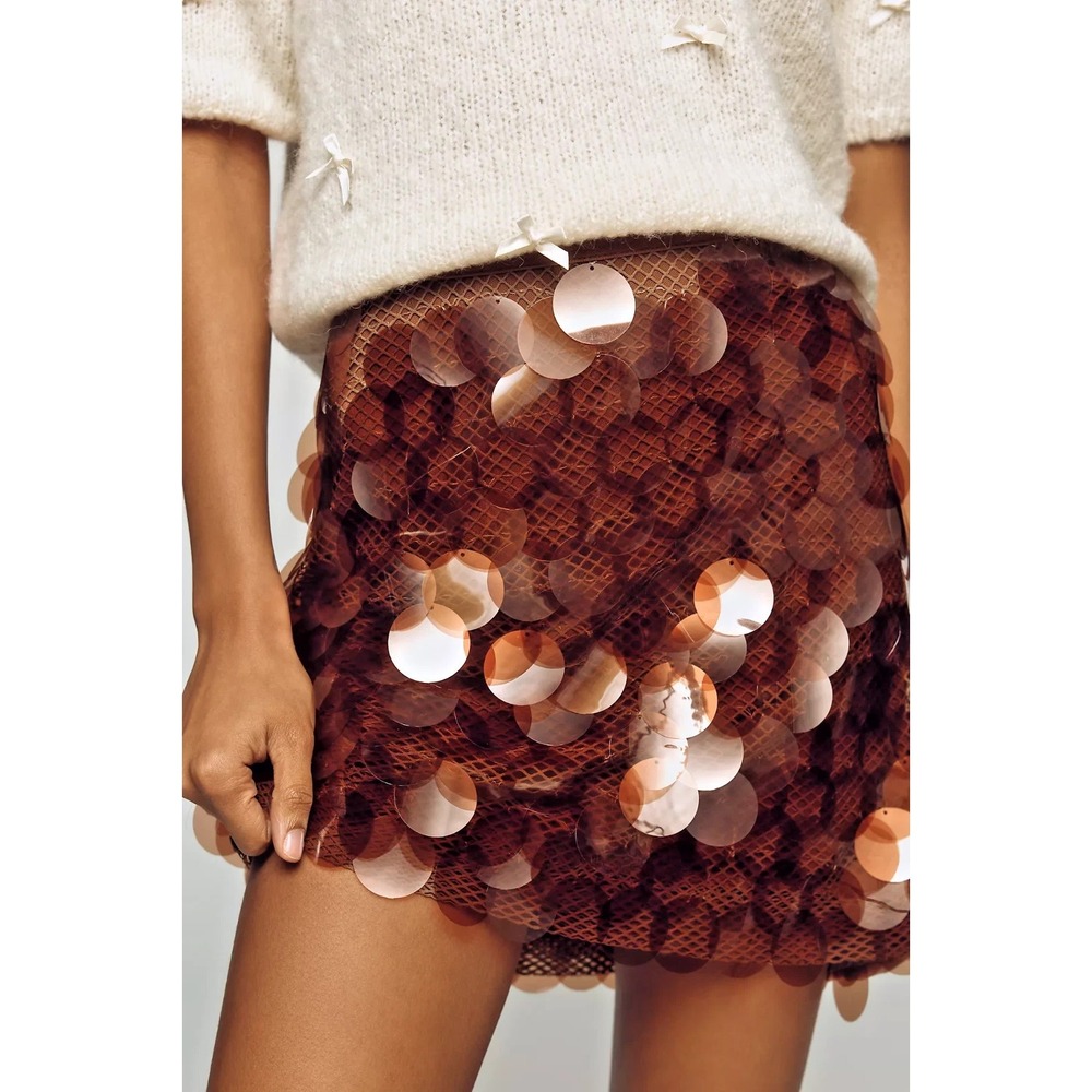 NWT Anthropologie Maeve DISC Sequin ON MESH NETTING Mini Skirt MOCHA BROWN 0